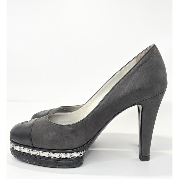 Chanel Black Platform Pumps w/ White Chain Detail Black Suede Cap Toe Heels 36 6 - Picture 2 of 15